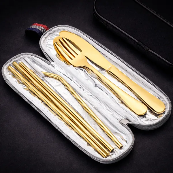 Golden_Reusable_Stainless_Steel_Cutlery_Set_with_Carry_Pouch__Spoon_Fork_Knife_Chopsticks_And_Straw_Set__Travel_Friendly_Tableware_for_Office_Picnic_Camping