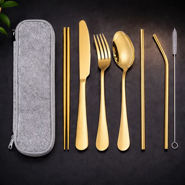 Golden_Reusable_Stainless_Steel_Cutlery_Set_with_Carry_Pouch__Spoon_Fork_Knife_Chopsticks_And_Straw_Set__Travel_Friendly_Tableware_for_Office_Picnic_Camping
