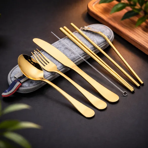 Golden_Reusable_Stainless_Steel_Cutlery_Set_with_Carry_Pouch__Spoon_Fork_Knife_Chopsticks_And_Straw_Set__Travel_Friendly_Tableware_for_Office_Picnic_Camping