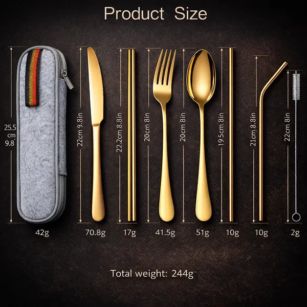 Golden_Reusable_Stainless_Steel_Cutlery_Set_with_Carry_Pouch__Spoon_Fork_Knife_Chopsticks_And_Straw_Set__Travel_Friendly_Tableware_for_Office_Picnic_Camping