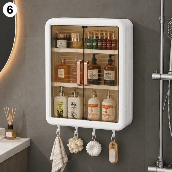 Wall_Mounted_Bathroom_Storage_Cabinet_with_Double_Door,_Dustproof_Organizer_Rack_with_Hooks,_Multipurpose_Plastic_Storage_Box_for_Bathroom_Kitchen_Bedroom_(White_&_Transparent)