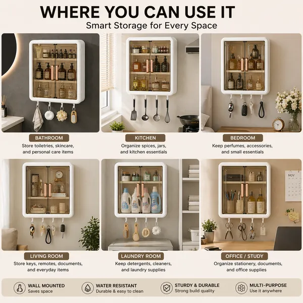 Wall_Mounted_Bathroom_Storage_Cabinet_with_Double_Door,_Dustproof_Organizer_Rack_with_Hooks,_Multipurpose_Plastic_Storage_Box_for_Bathroom_Kitchen_Bedroom_(White_&_Transparent)