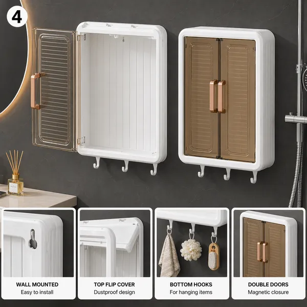 Wall_Mounted_Bathroom_Storage_Cabinet_with_Double_Door,_Dustproof_Organizer_Rack_with_Hooks,_Multipurpose_Plastic_Storage_Box_for_Bathroom_Kitchen_Bedroom_(White_&_Transparent)