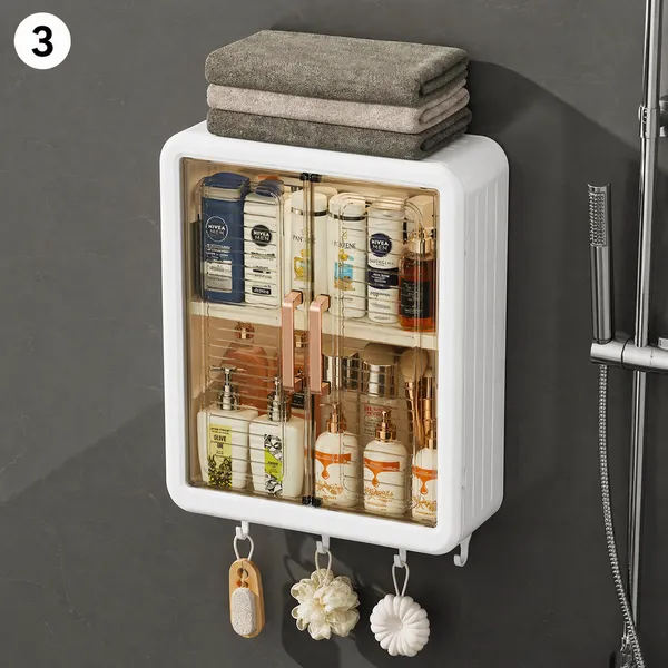 Wall_Mounted_Bathroom_Storage_Cabinet_with_Double_Door,_Dustproof_Organizer_Rack_with_Hooks,_Multipurpose_Plastic_Storage_Box_for_Bathroom_Kitchen_Bedroom_(White_&_Transparent)