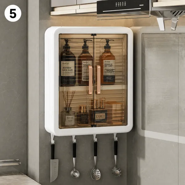 Wall_Mounted_Bathroom_Storage_Cabinet_with_Double_Door,_Dustproof_Organizer_Rack_with_Hooks,_Multipurpose_Plastic_Storage_Box_for_Bathroom_Kitchen_Bedroom_(White_&_Transparent)
