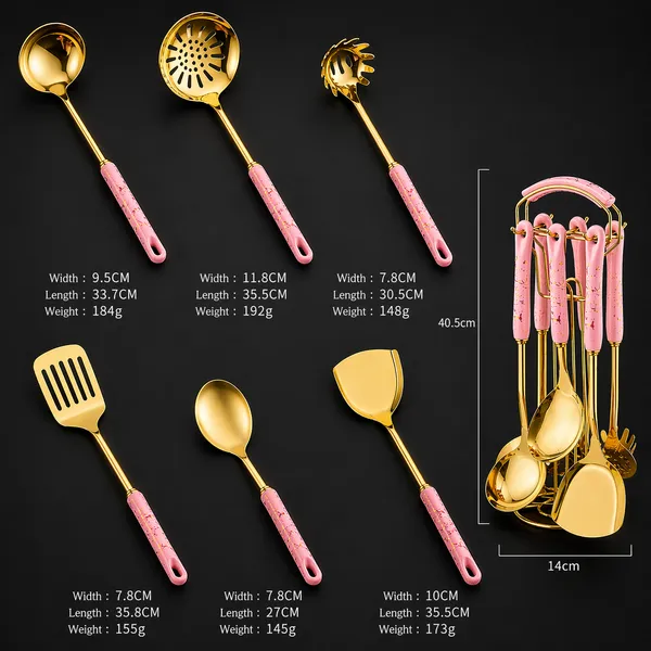 Kitchzengo™_6_PCS_Gold_Kitchen_Utensils_Set_with_Stand_–_Soup_Ladle,_Skimmer,_Pasta_Server,_Turner,_Spatula_&_Spoon_|_Pink_Handle_Stainless_Steel_Cooking_Tools