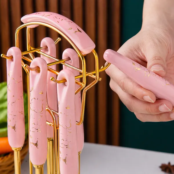 Kitchzengo™_6_PCS_Gold_Kitchen_Utensils_Set_with_Stand_–_Soup_Ladle,_Skimmer,_Pasta_Server,_Turner,_Spatula_&_Spoon_|_Pink_Handle_Stainless_Steel_Cooking_Tools