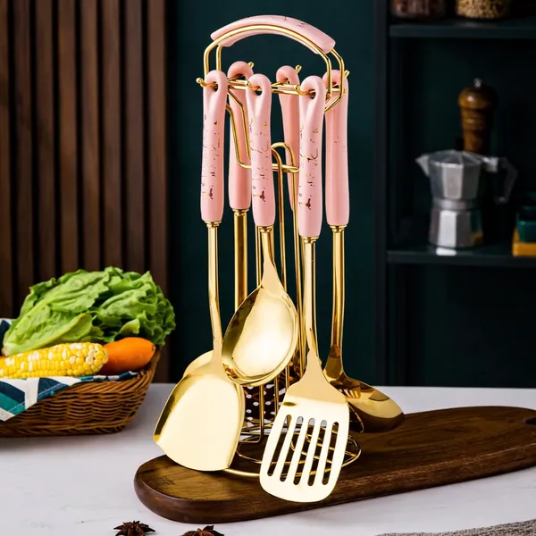 Kitchzengo™_6_PCS_Gold_Kitchen_Utensils_Set_with_Stand_–_Soup_Ladle,_Skimmer,_Pasta_Server,_Turner,_Spatula_&_Spoon_|_Pink_Handle_Stainless_Steel_Cooking_Tools