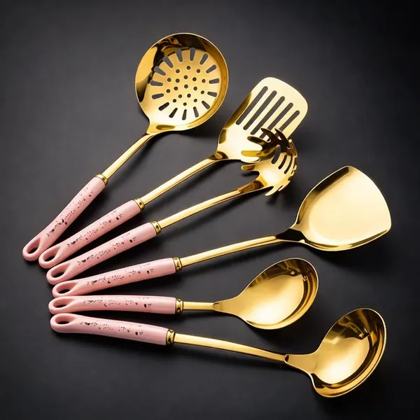 Kitchzengo™_6_PCS_Gold_Kitchen_Utensils_Set_with_Stand_–_Soup_Ladle,_Skimmer,_Pasta_Server,_Turner,_Spatula_&_Spoon_|_Pink_Handle_Stainless_Steel_Cooking_Tools