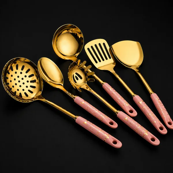 Kitchzengo™_6_PCS_Gold_Kitchen_Utensils_Set_with_Stand_–_Soup_Ladle,_Skimmer,_Pasta_Server,_Turner,_Spatula_&_Spoon_|_Pink_Handle_Stainless_Steel_Cooking_Tools