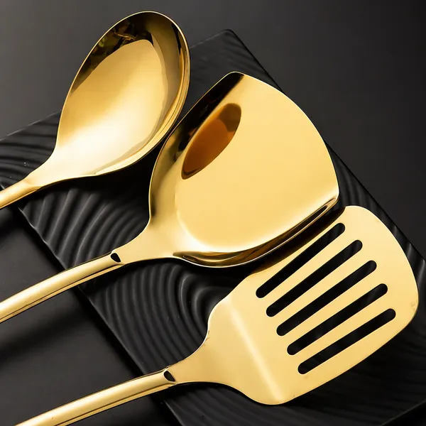 Kitchzengo™_6_PCS_Gold_Kitchen_Utensils_Set_with_Stand_–_Soup_Ladle,_Skimmer,_Pasta_Server,_Turner,_Spatula_&_Spoon_|_Black_Handle_Stainless_Steel_Cooking_Tools