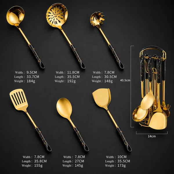 Kitchzengo™_6_PCS_Gold_Kitchen_Utensils_Set_with_Stand_–_Soup_Ladle,_Skimmer,_Pasta_Server,_Turner,_Spatula_&_Spoon_|_Black_Handle_Stainless_Steel_Cooking_Tools