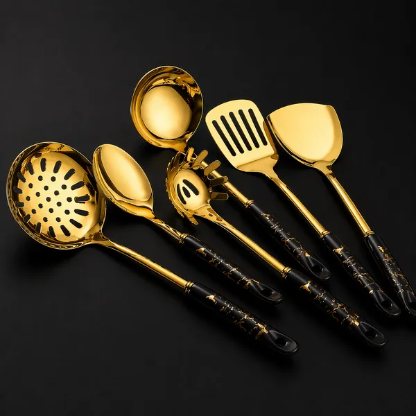 Kitchzengo™_6_PCS_Gold_Kitchen_Utensils_Set_with_Stand_–_Soup_Ladle,_Skimmer,_Pasta_Server,_Turner,_Spatula_&_Spoon_|_Black_Handle_Stainless_Steel_Cooking_Tools