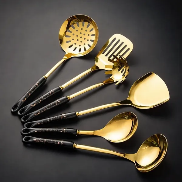 Kitchzengo™_6_PCS_Gold_Kitchen_Utensils_Set_with_Stand_–_Soup_Ladle,_Skimmer,_Pasta_Server,_Turner,_Spatula_&_Spoon_|_Black_Handle_Stainless_Steel_Cooking_Tools