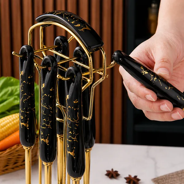 Kitchzengo™_6_PCS_Gold_Kitchen_Utensils_Set_with_Stand_–_Soup_Ladle,_Skimmer,_Pasta_Server,_Turner,_Spatula_&_Spoon_|_Black_Handle_Stainless_Steel_Cooking_Tools