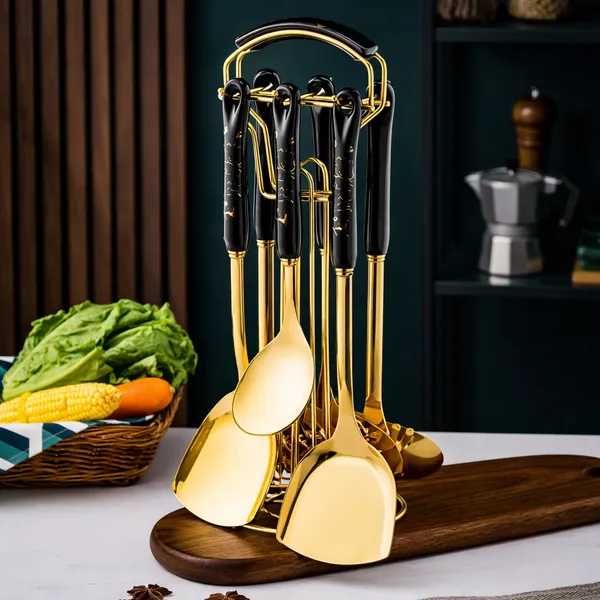 Kitchzengo™_6_PCS_Gold_Kitchen_Utensils_Set_with_Stand_–_Soup_Ladle,_Skimmer,_Pasta_Server,_Turner,_Spatula_&_Spoon_|_Black_Handle_Stainless_Steel_Cooking_Tools