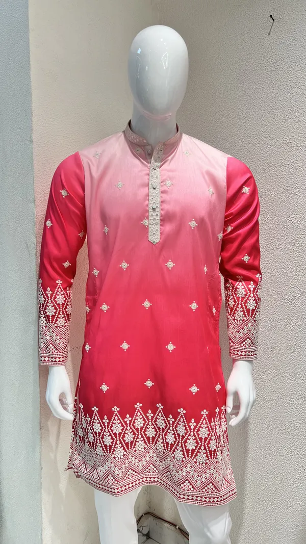 Men's_Pink_Ombre_Silk_Kurta_with_White_Ornate_Embroidery