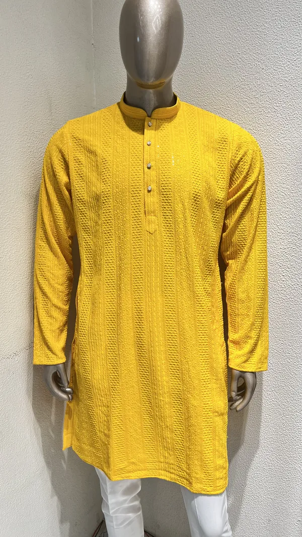 Mens_Yellow_Stripped_Patterned_Chikankari_Sequince_Long_Kurta