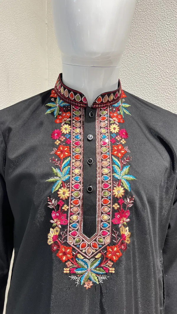 Men's_Black_Wedding_And_Festive_Ready_to_Wear_Kurta_Pant_and_Dupatta_Set_with_Heavy_Embroidery