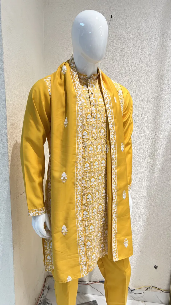 Men's_Yellow_Wedding_And_Festive_Ready_to_Wear_Kurta_Pant_and_Dupatta_Set_with_Heavy_Embroidery