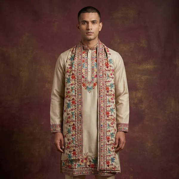 Men's_Light_Beige_Wedding_,Festive_Ready_to_Wear_Kurta_Pant_and_Dupatta_Set_with_Heavy_Embroidery