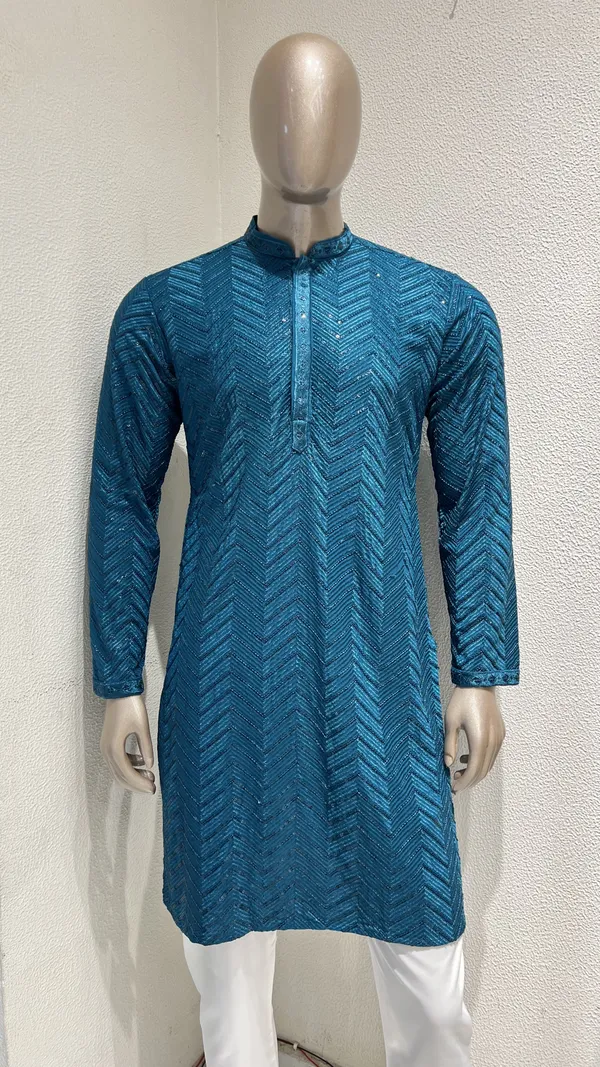 Mens_Peacock_Blue_Zig_Zag_Patterned_Sequence_Embroidered_Kurta