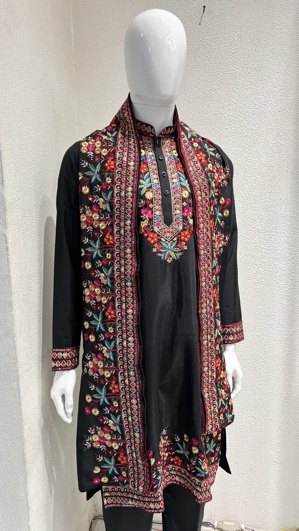 Men's_Black_Wedding_And_Festive_Ready_to_Wear_Kurta_Pant_and_Dupatta_Set_with_Heavy_Embroidery