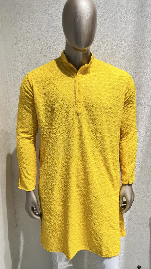 Mens_Yellow_Flower_Shaped_Patterned_Chikankari_Kurta