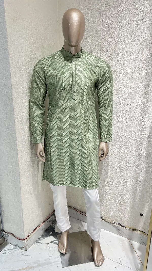 Mens_Mint_Green_Zig_Zag_Patterned_Sequence_Embroidered_Kurta
