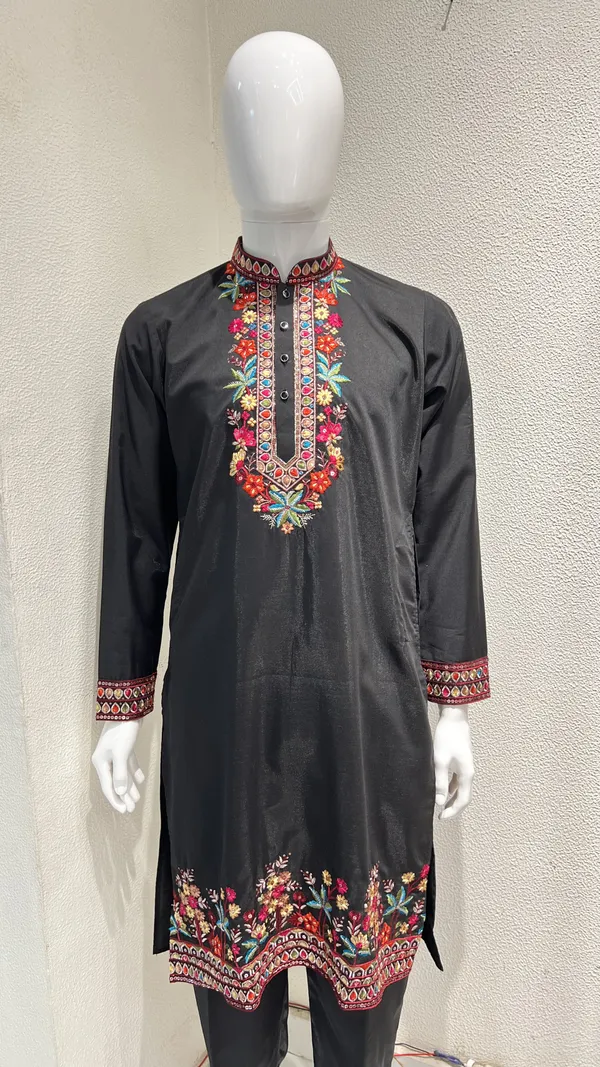 Men's_Black_Wedding_And_Festive_Ready_to_Wear_Kurta_Pant_and_Dupatta_Set_with_Heavy_Embroidery