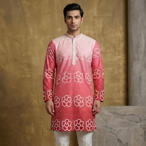 Men's_Pink_Ombre_Floral_Bandhani_Embroidery_Kurta