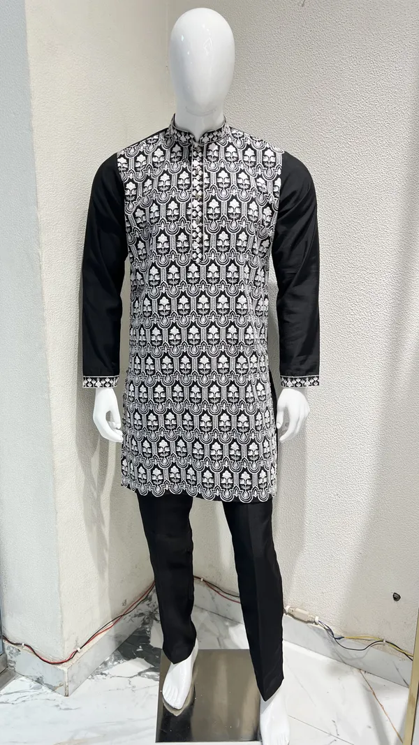 Men's_Black_Wedding/Festive_Ready_to_Wear_Kurta_Pant_and_Dupatta_Set_with_Heavy_Embroidery