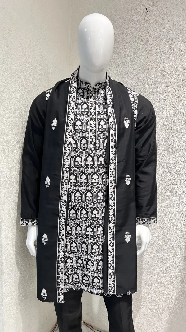 Men's_Black_Wedding/Festive_Ready_to_Wear_Kurta_Pant_and_Dupatta_Set_with_Heavy_Embroidery