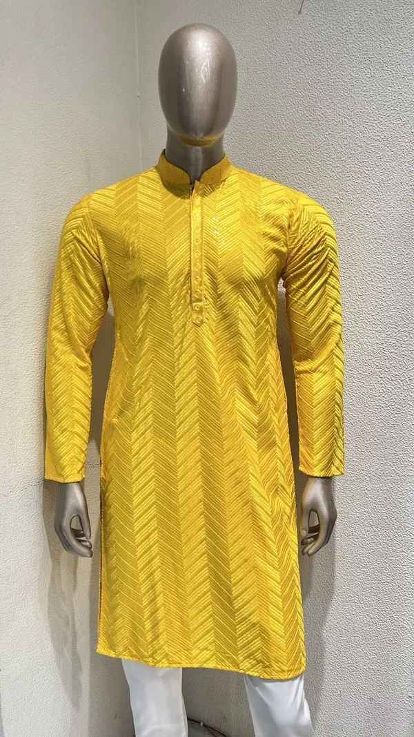 Mens_Yellow_Zig_Zag_Patterned_Sequence_Embroidered_Kurta
