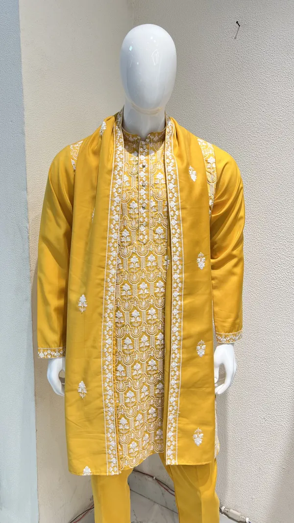 Men's_Yellow_Wedding_And_Festive_Ready_to_Wear_Kurta_Pant_and_Dupatta_Set_with_Heavy_Embroidery