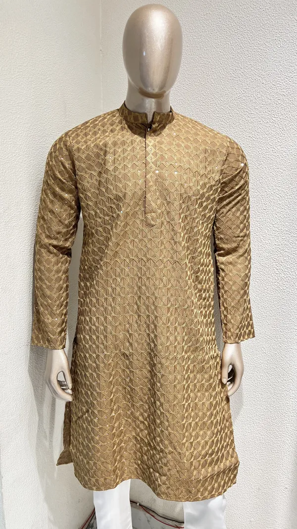 Mens_Gold_And_Brown_Geometric_Patterned_Sequence_Embroidered_Kurta