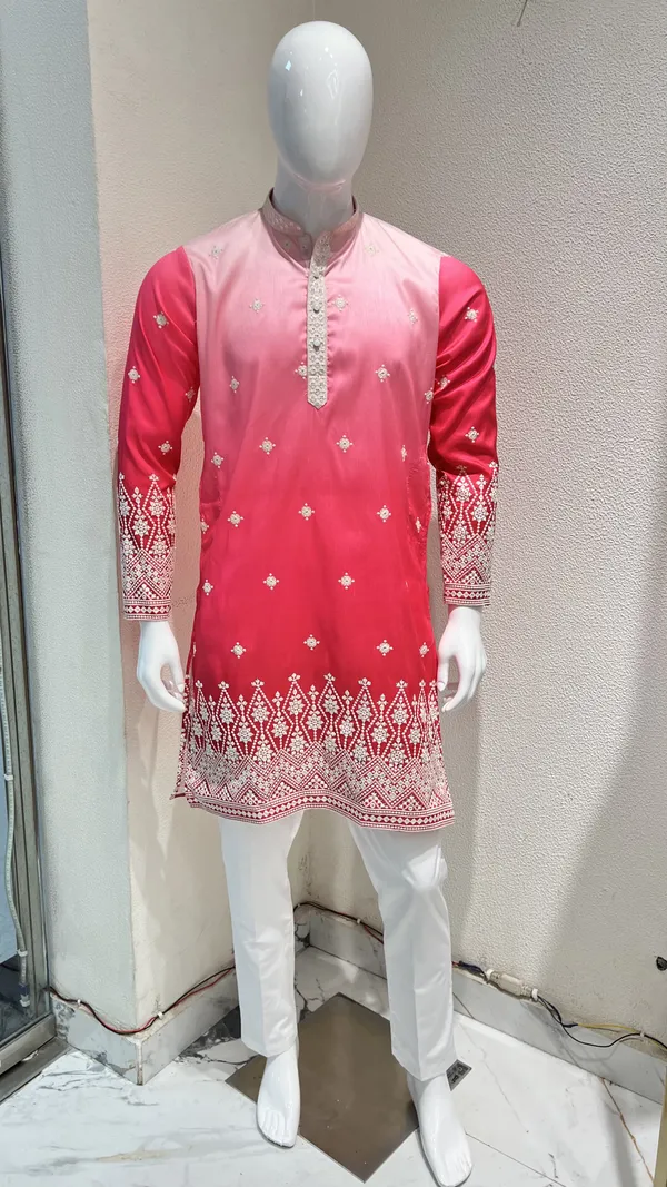 Men's_Pink_Ombre_Silk_Kurta_with_White_Ornate_Embroidery