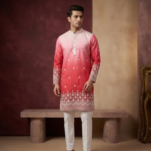 Men's_Pink_Ombre_Silk_Kurta_with_White_Ornate_Embroidery
