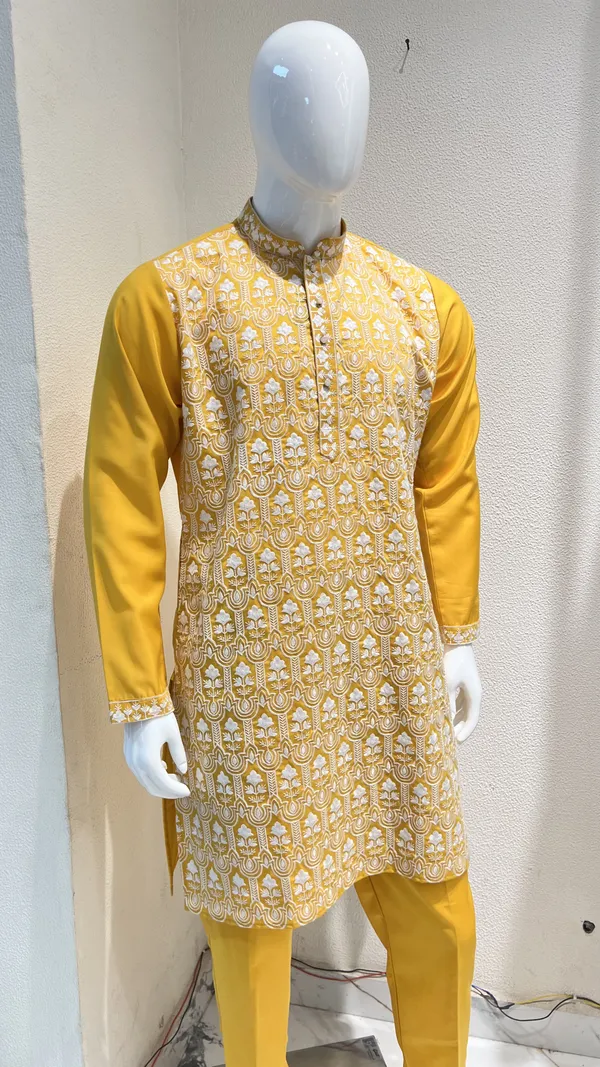 Men's_Yellow_Wedding_And_Festive_Ready_to_Wear_Kurta_Pant_and_Dupatta_Set_with_Heavy_Embroidery