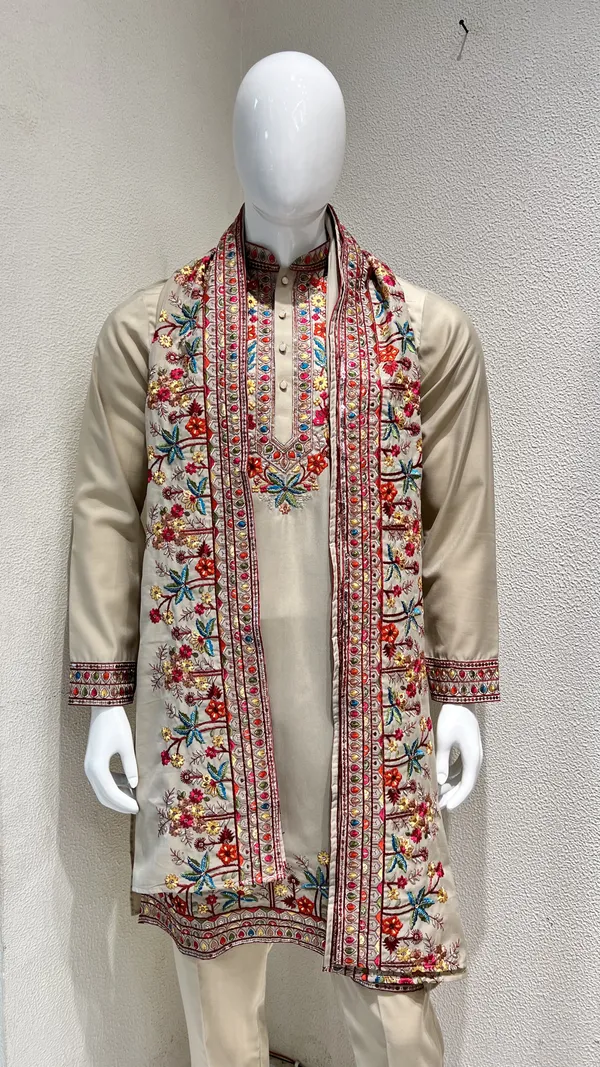 Men's_Light_Beige_Wedding_,Festive_Ready_to_Wear_Kurta_Pant_and_Dupatta_Set_with_Heavy_Embroidery
