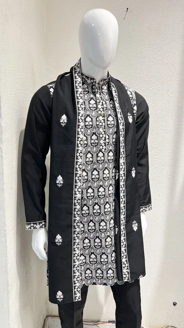 Men's_Black_Wedding/Festive_Ready_to_Wear_Kurta_Pant_and_Dupatta_Set_with_Heavy_Embroidery