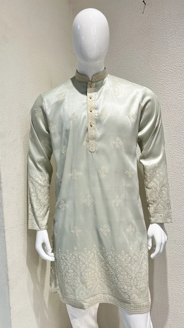 Pastel_Mint_Kurta_for_Men_featuring_Intricate_Threadwork_and_Geometric_Patterns