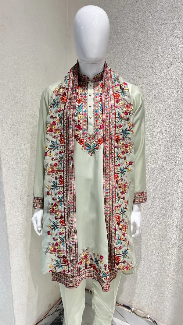 Men's_Pista_Green_Wedding/Festive_Ready_to_Wear_Kurta_Pant_and_Dupatta_Set_with_Heavy_Embroidery