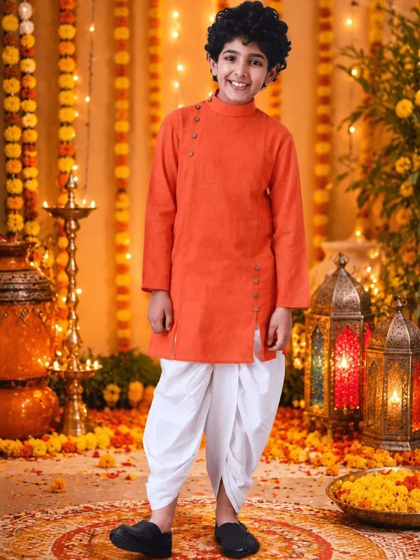 Indi-Loom_Couture_Boys_Orange_Solid_Ethnic_Kurta_With_Dhoti_Pant_Set