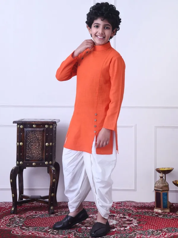 Indi-Loom_Couture_Boys_Orange_Solid_Ethnic_Kurta_With_Dhoti_Pant_Set