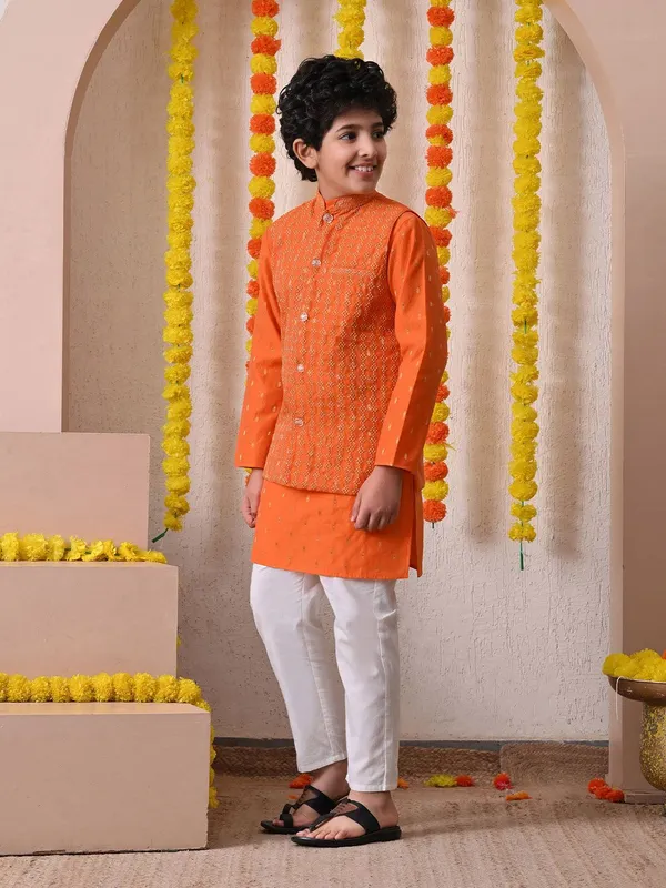 Indi-Loom_Couture_Boys_Orange_Kurta_With_Embroidered_Jacket_&_Pyjama_Set