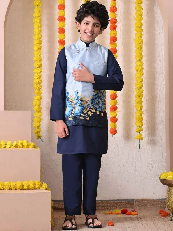 Indi-Loom_Couture_Boys_Navy_Blue_Kurta_With_Floral_Printed_Jacket_&_Pyjama_Set