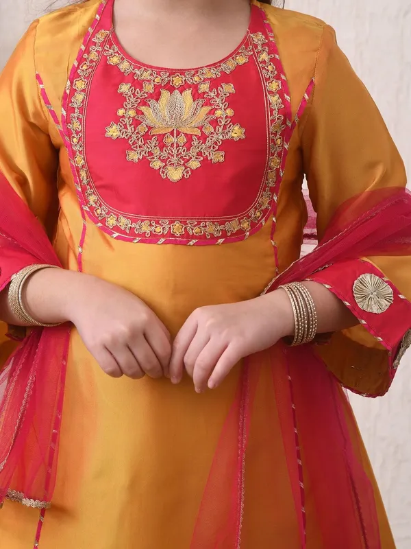 Girls_Mustard_Yellow_&_Pink_Embroidered_Kurta_Dhoti_Pant_Set_With_Dupatta