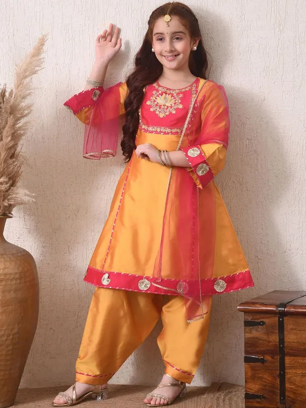 Girls_Mustard_Yellow_&_Pink_Embroidered_Kurta_Dhoti_Pant_Set_With_Dupatta