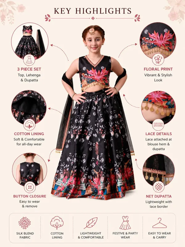 Girls_Black_Floral_Printed_Lehenga_Choli_With_Dupatta_Set